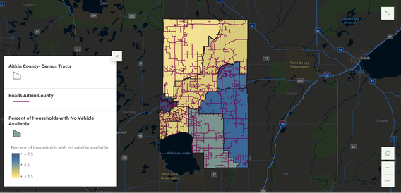 Map of Aitkin county showing percentages of households with a vehicle