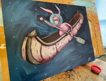 Painting of a rabbit in a space helmet guiding a canoe